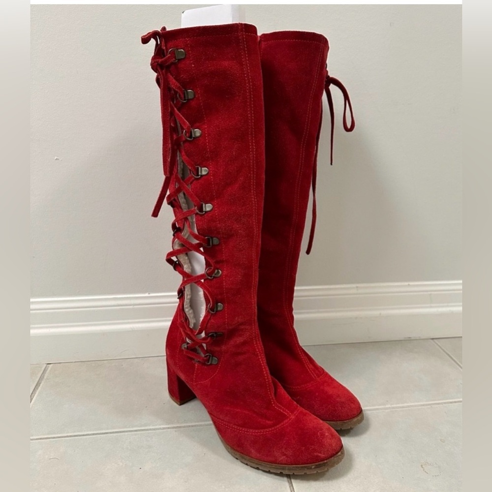 74. Marc Jacobs Red Suede Lace-Up Knee-High Boots {$500}